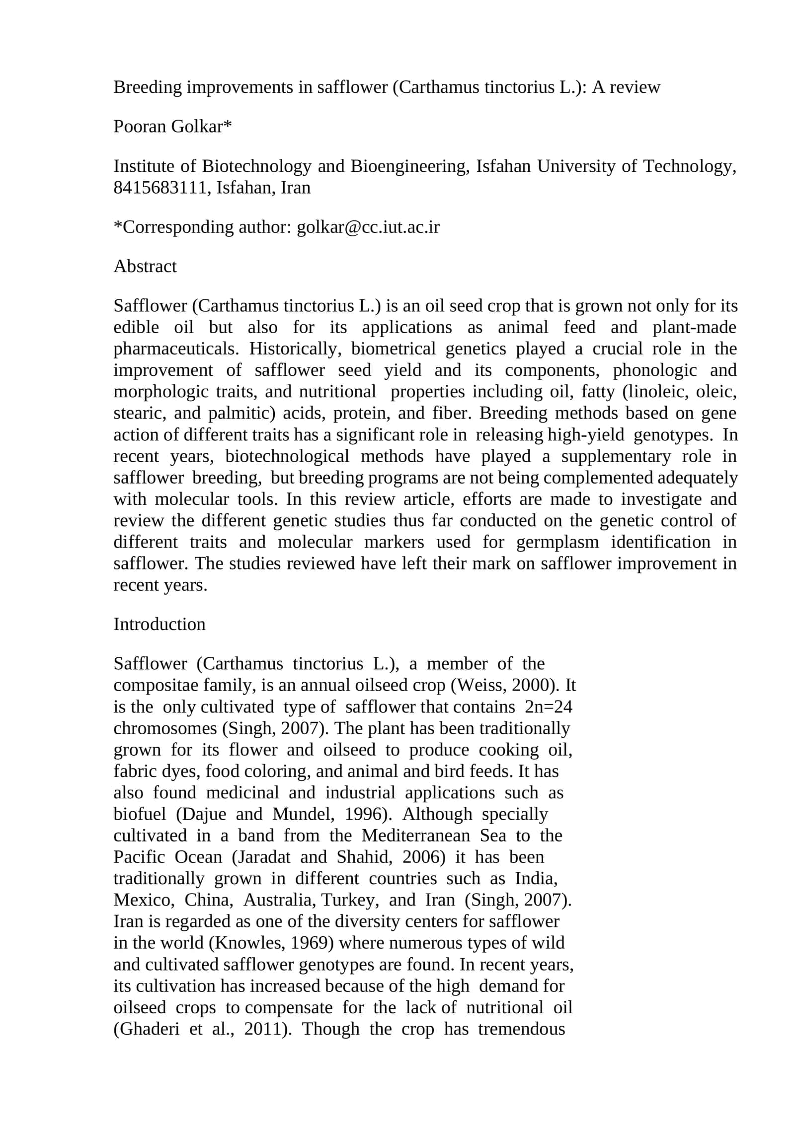 Breeding improvements in safflower (Carthamus tinctorius L.): A review