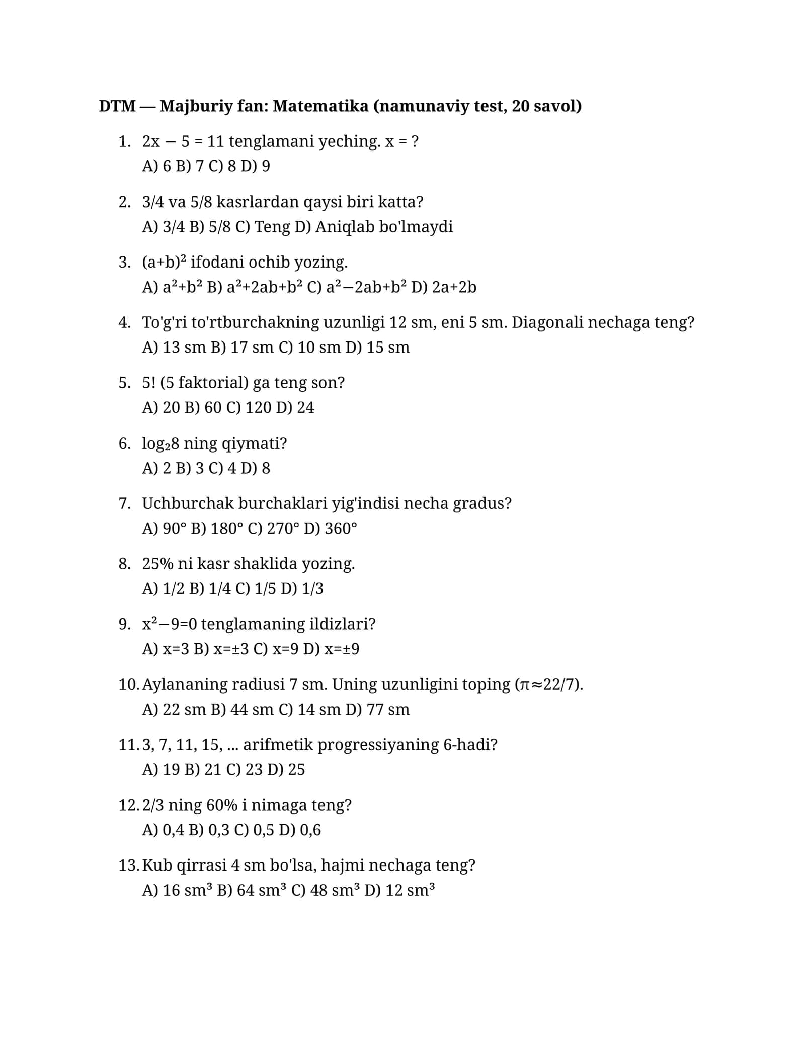 Majburiy fan: Matematika (namunaviy test)