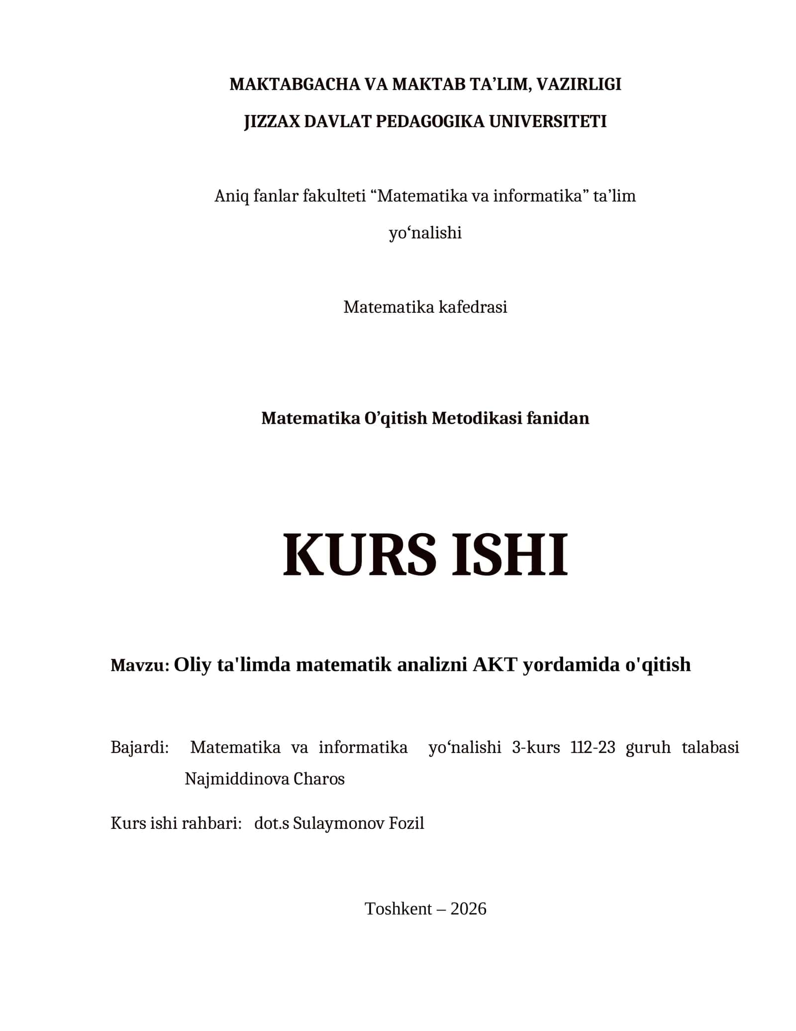 Oliy ta'limda matematik analizni AKT yordamida o'qitish