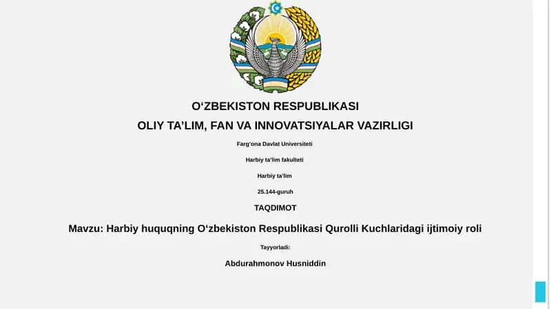Harbiy huquqning O‘zbekiston Respublikasi Qurolli Kuchlaridagi ijtimoiy roli
