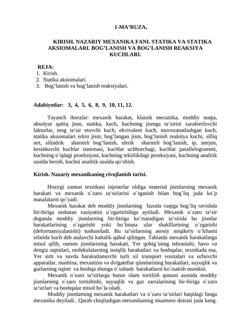 Kirish. Nazariy Mexanika Fani
