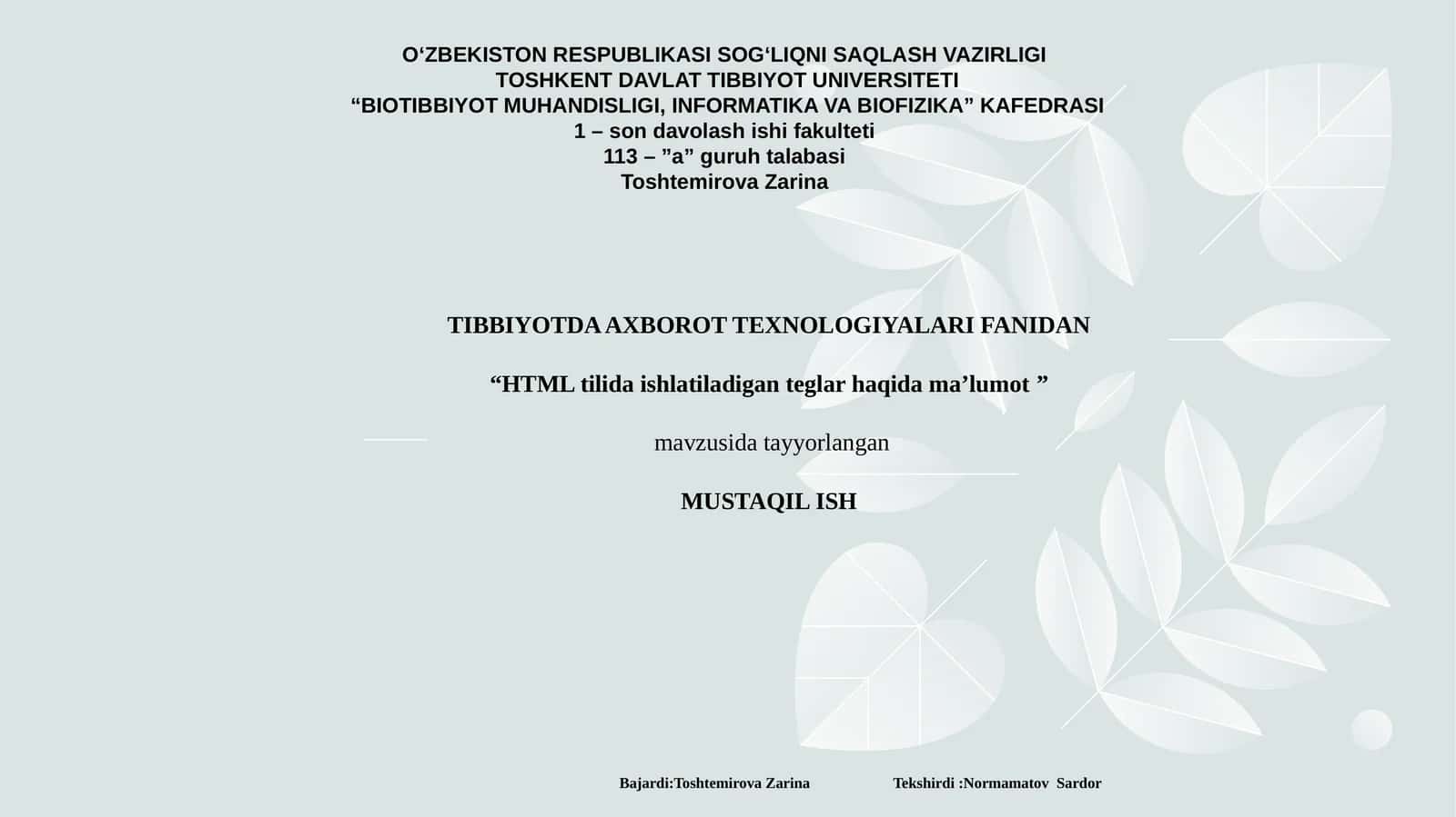 TIBBIYOTDA AXBOROT TEXNOLOGIYALARI FANIDAN “HTML tilida ishlatiladigan teglar haqida ma’lumot” mavzusida tayyorlangan MUSTAQIL ISH