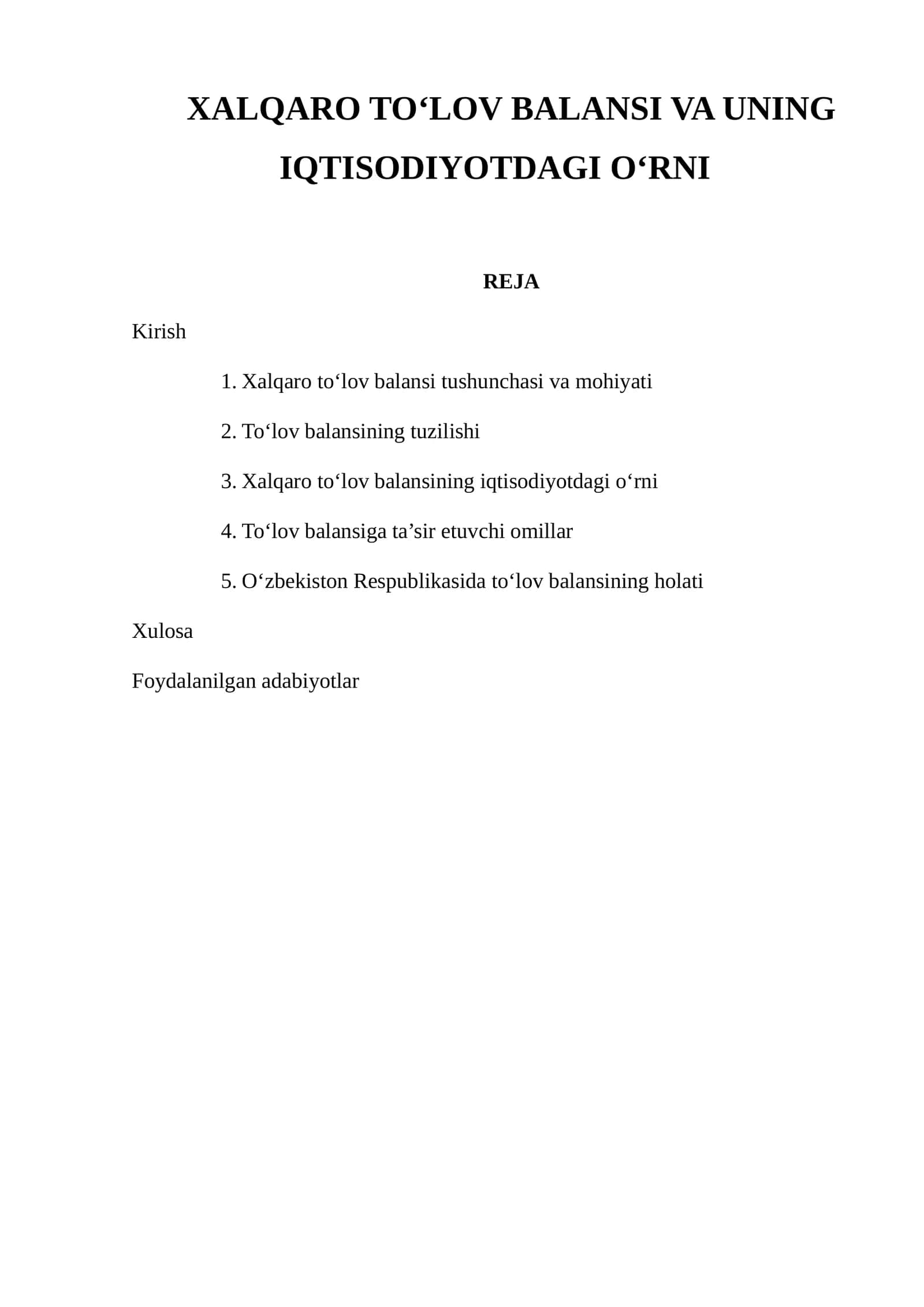Xalqaro To‘lov Balansi va uning Iqtisodiyotdagi O‘rni