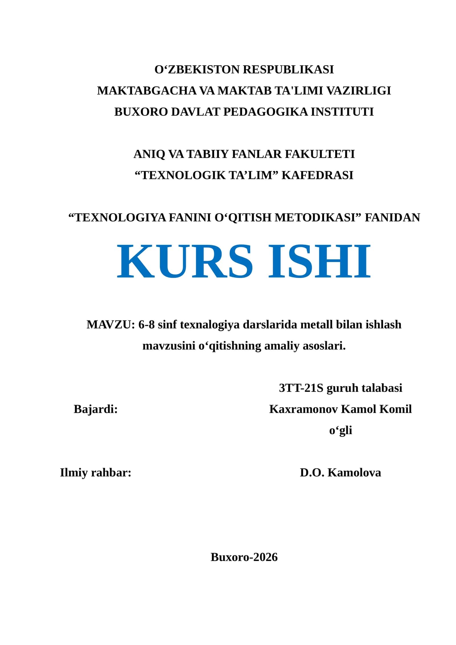 Metall bilan ishlash mavzusini o‘qitishning amaliy asoslari