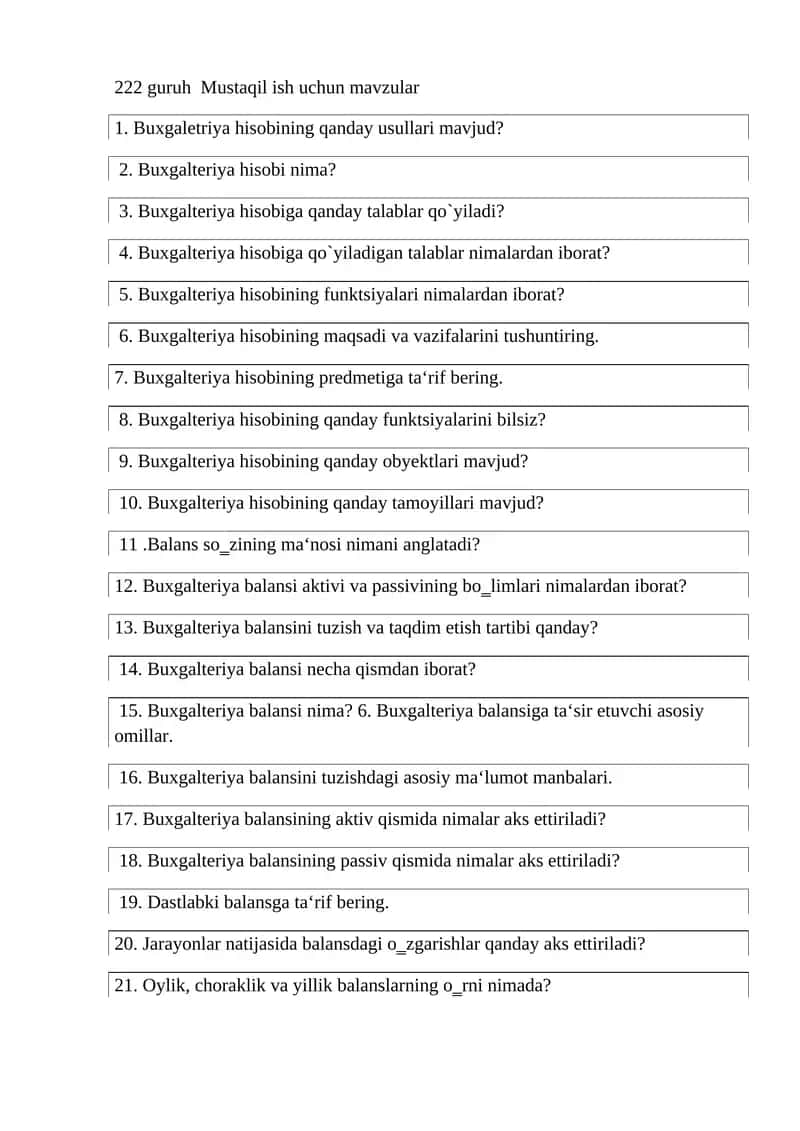 Mustaqil ish uchun Buxgalteriya hisobi mavzulari