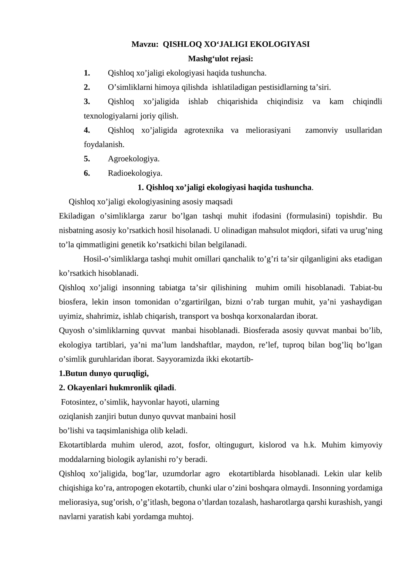 QISHLOQ XO‘JALIGI EKOLOGIYASI