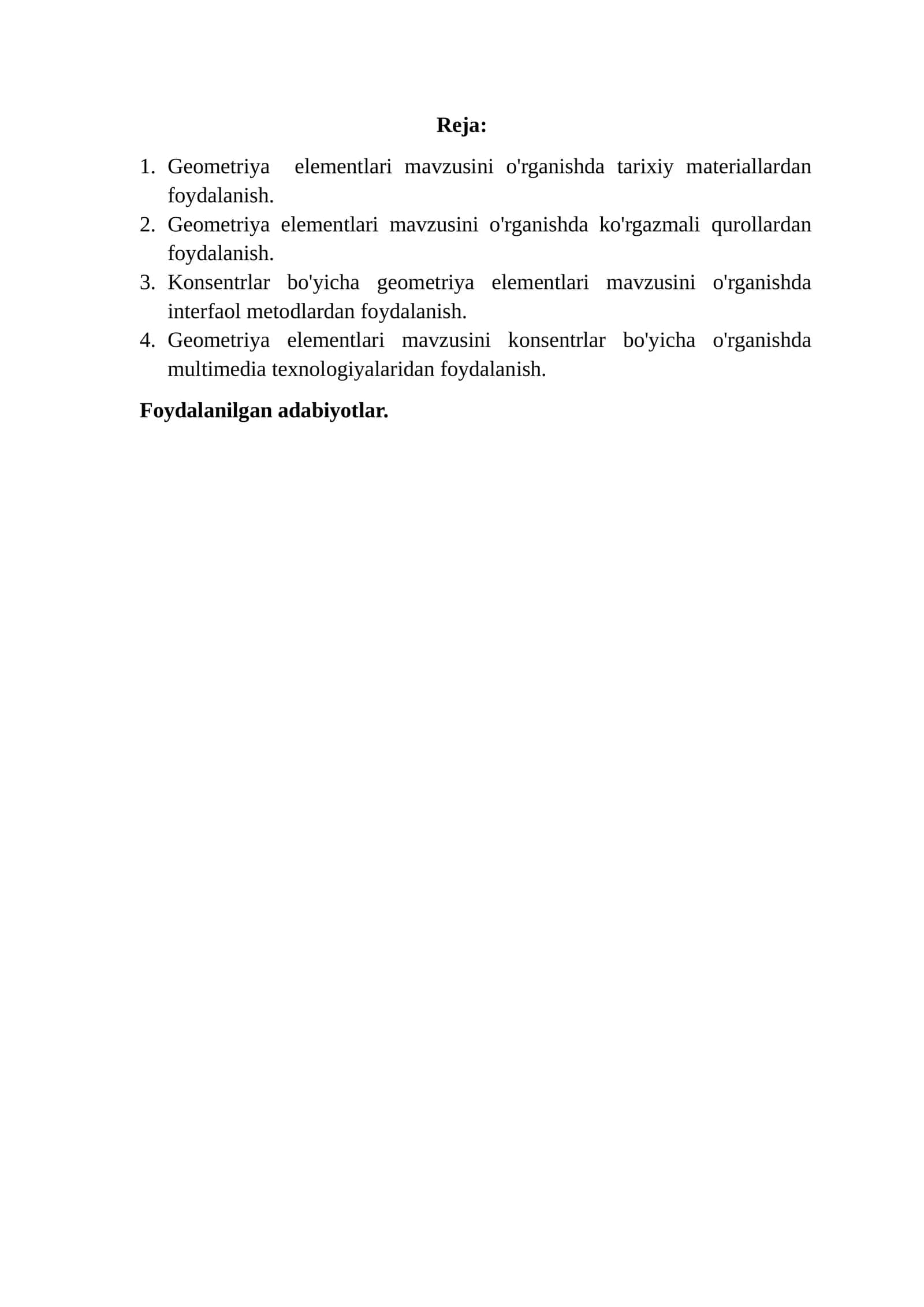 Geometriya elementlari mavzusini o'rgatish metodikasi