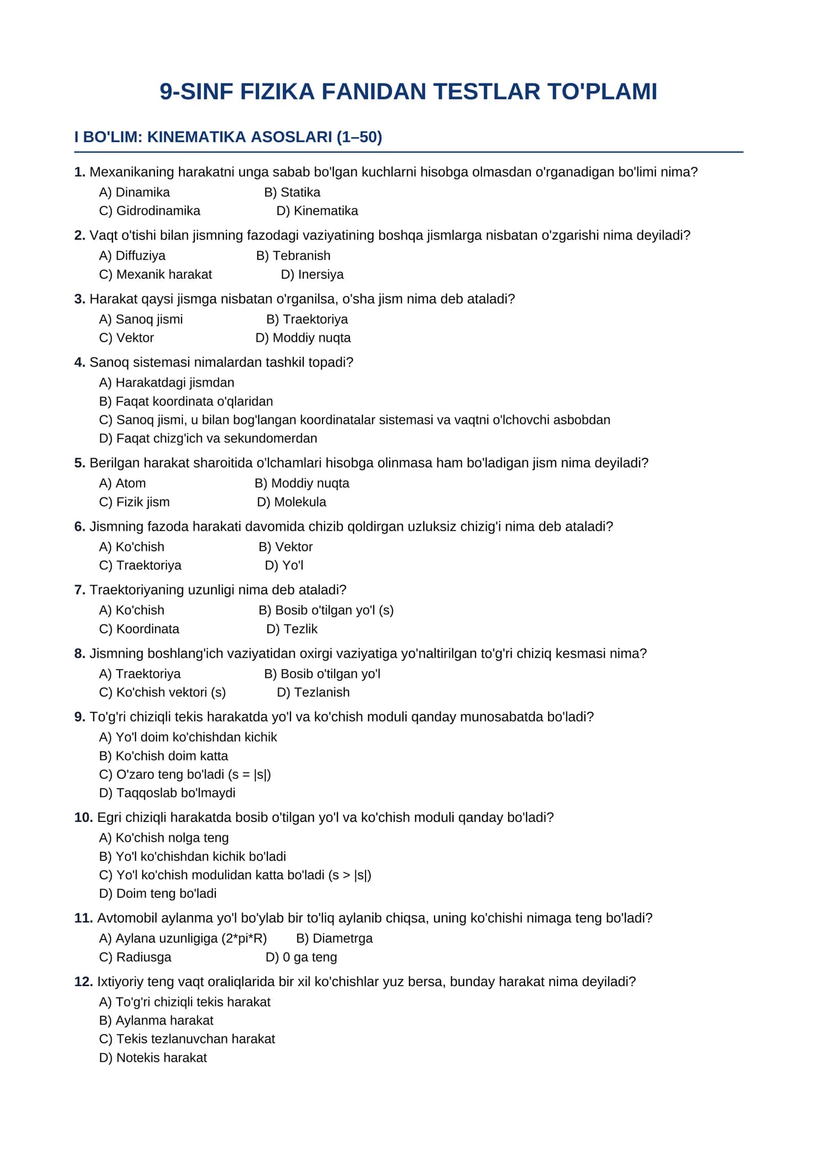 9-SINF FIZIKA FANIDAN TESTLAR TO'PLAMI