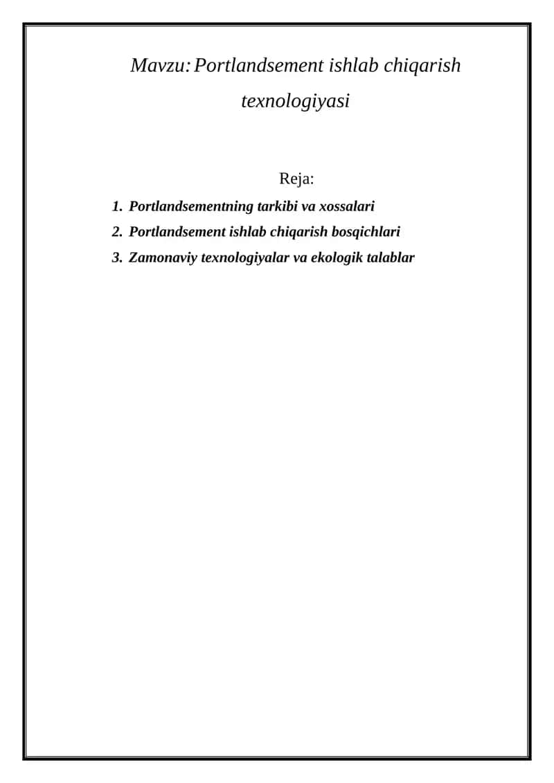 Portlandsement ishlab chiqarish texnologiyasi