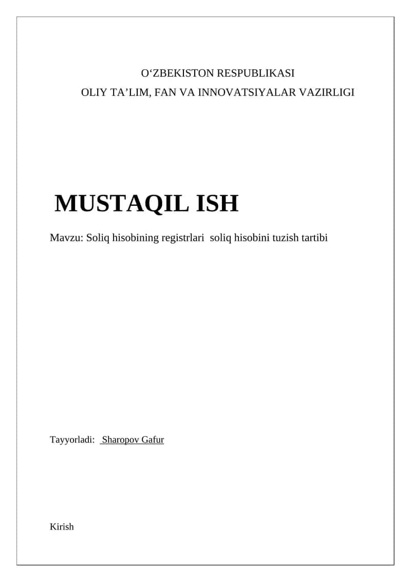 Soliq hisobining registrlari soliq hisobini tuzish tartibi