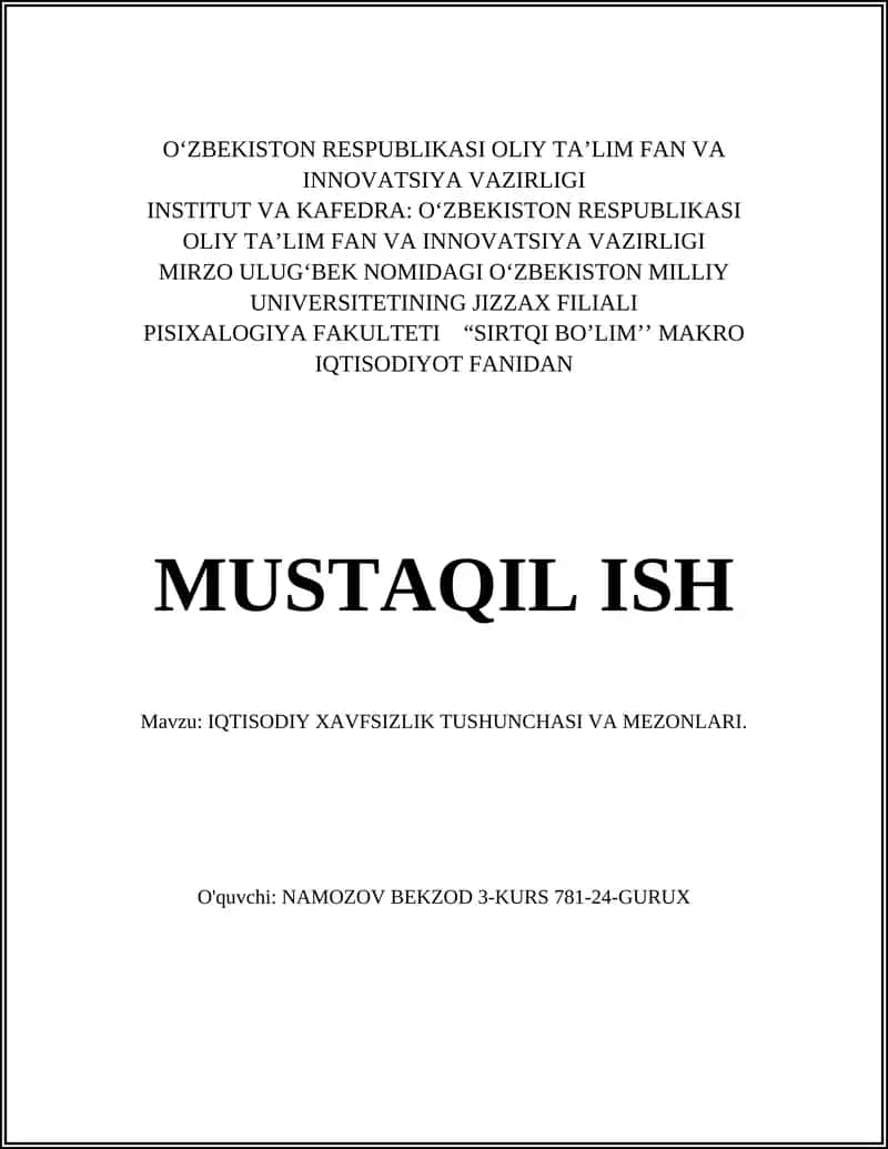 IQTISODIY XAVFSIZLIK TUSHUNCHASI VA MEZONLARI