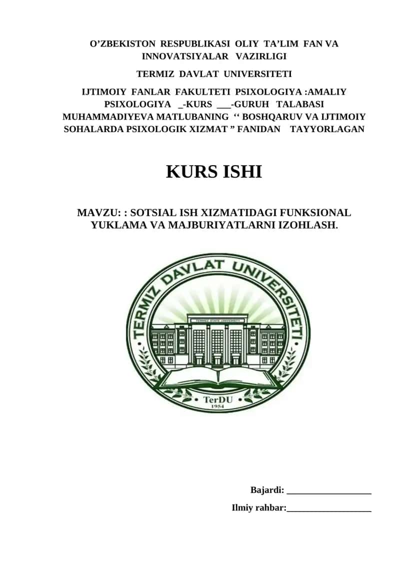 SOTSIAL ISH XIZMATIDAGI FUNKSIONAL YUKLAMA VA MAJBURIYATLARNI IZOHLASH.