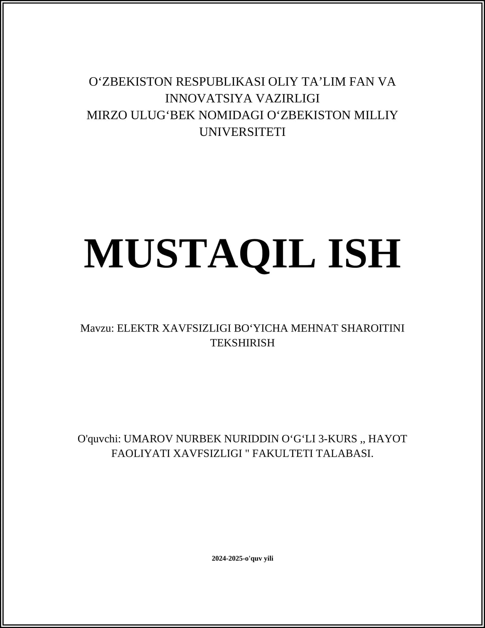 ELEKTR XAVFSIZLIGI BOʻYICHA MEHNAT SHAROITINI TEKSHIRISH