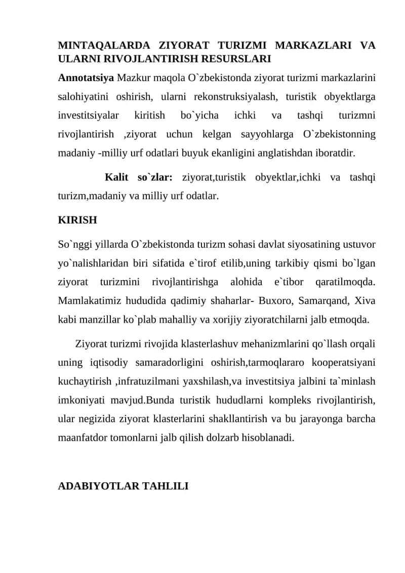 Ziyorat Turizmi Markazlari va Ularni Rivojlantirish Resurslari