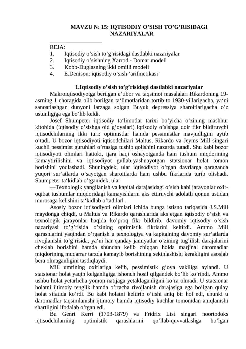 IQTISODIY O’SISH TO’G’RISIDAGI NAZARIYALAR