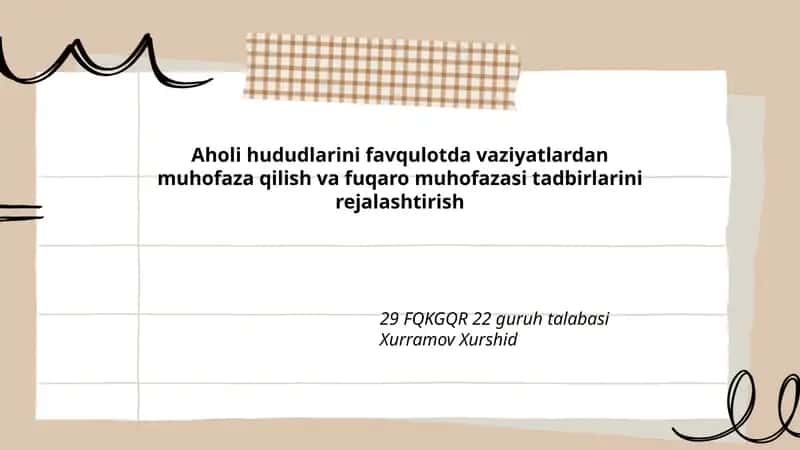 Aholi hududlarini favqulotda vaziyatlardan muhofaza qilish va fuqaro muhofazasi tadbirlarini rejalashtirish