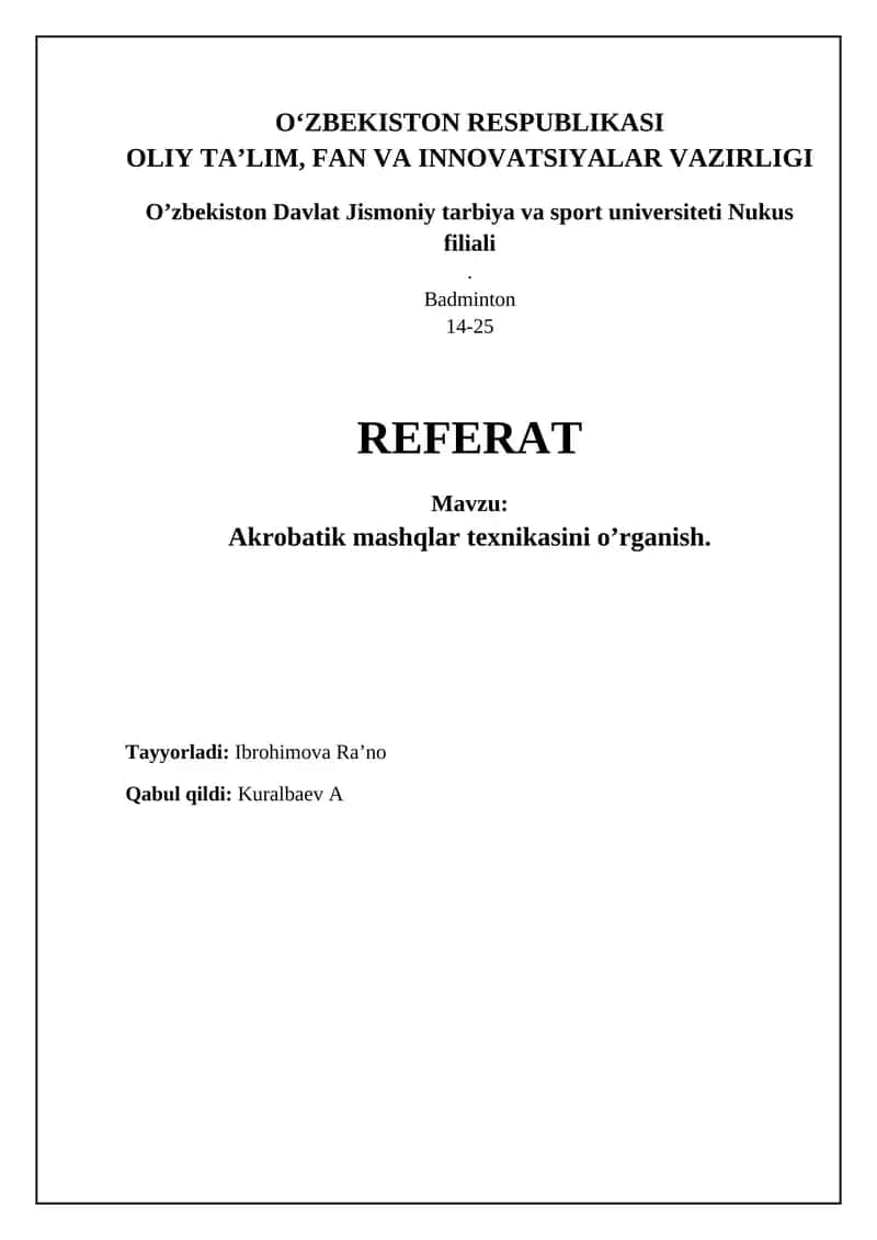 Akrobatik mashqlar texnikasini o’rganish