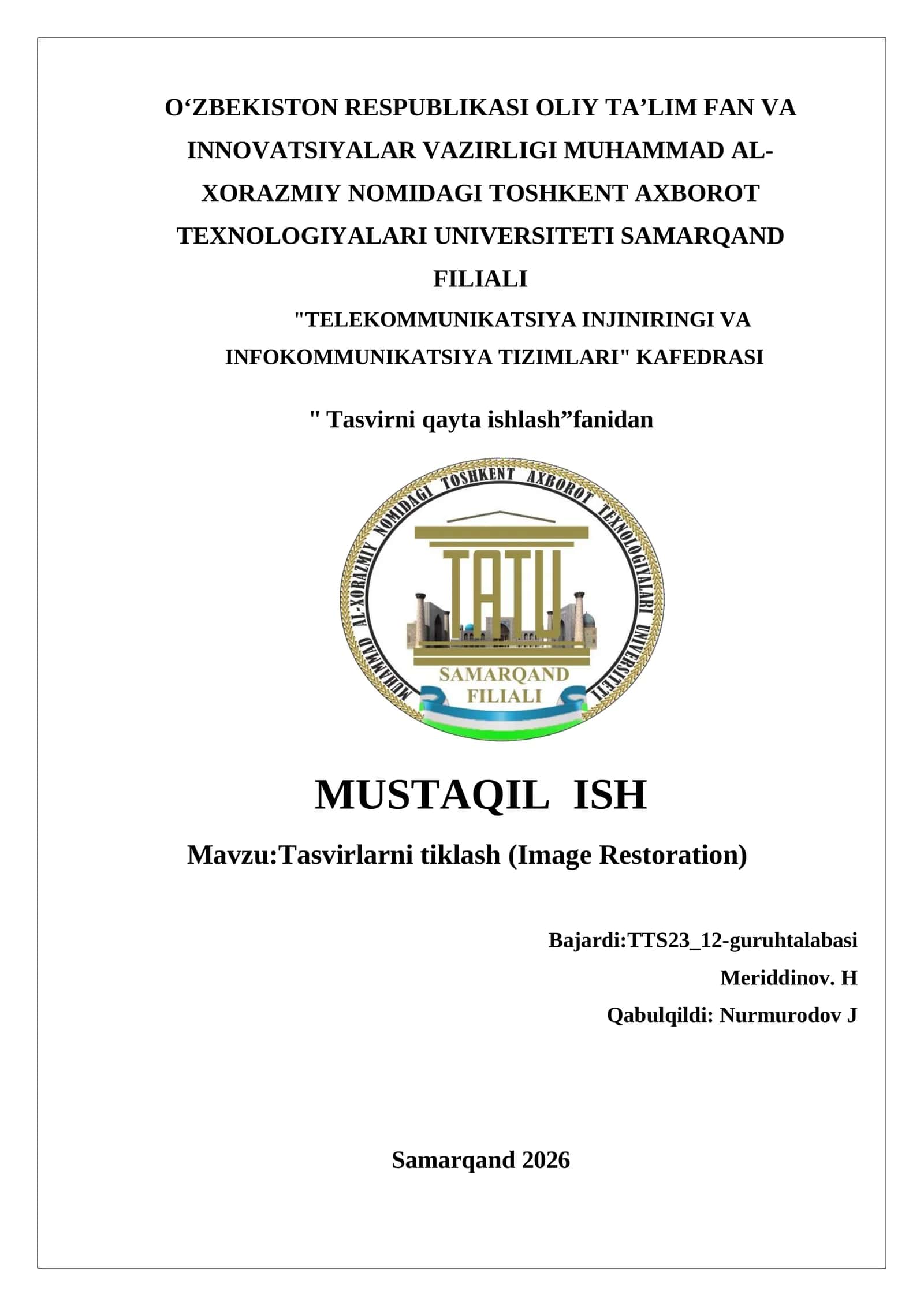 Tasvirlarni tiklash (Image Restoration)