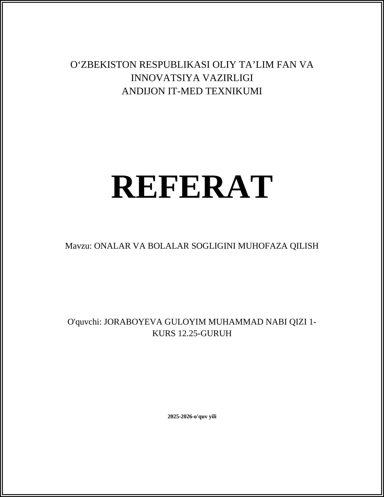 ONALAR VA BOLALAR SOGLIGINI MUHOFAZA QILISH