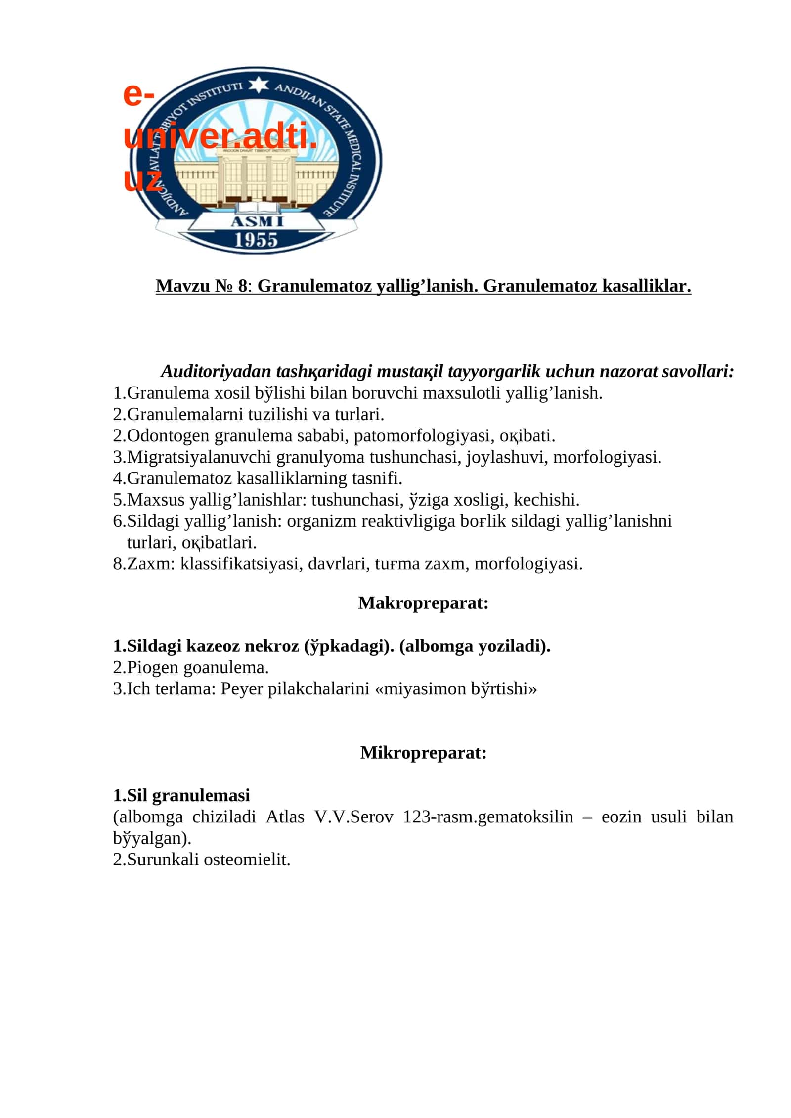 Granulematoz yallig’lanish. Granulematoz kasalliklar