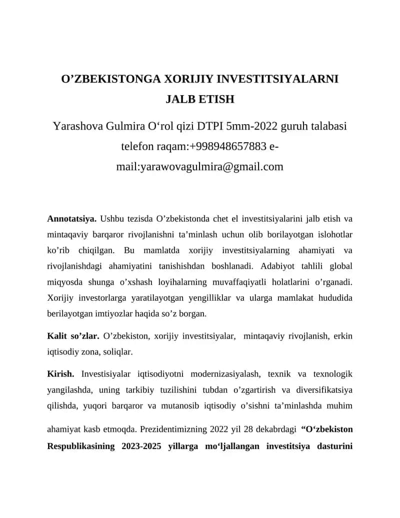 O’ZBEKISTONGA XORIJIY INVESTITSIYALARNI JALB ETISH