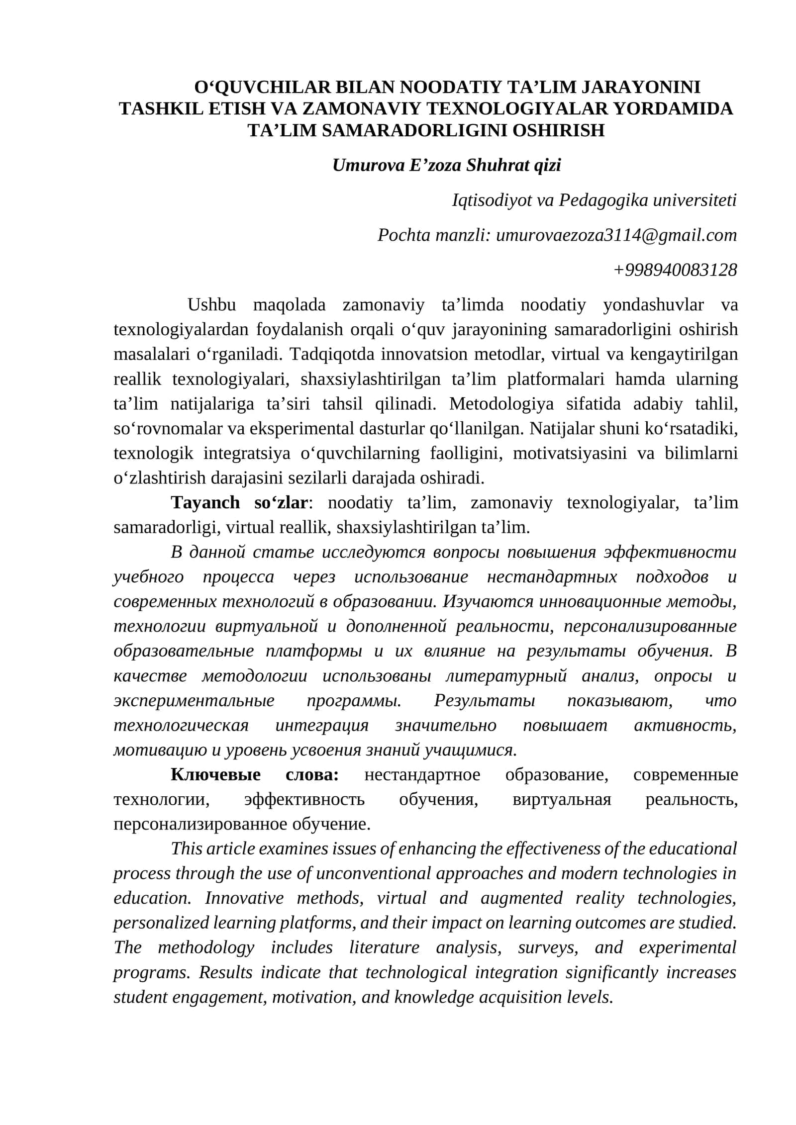 Zamonaviy taʼlimda Noodatiy Yondashuvlar va Texnologiyalar