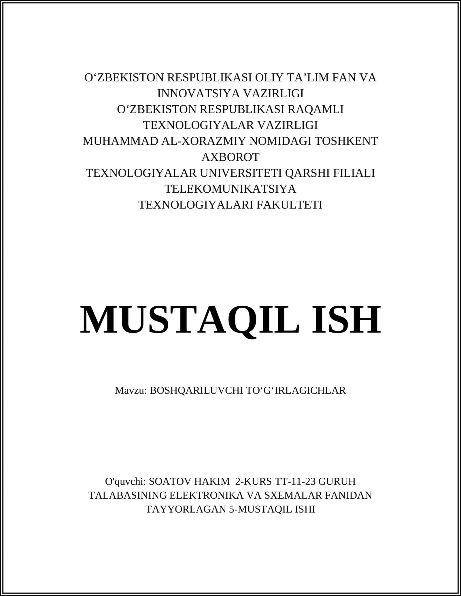 BOSHQARILUVCHI TO'G'IRLAGICHLAR