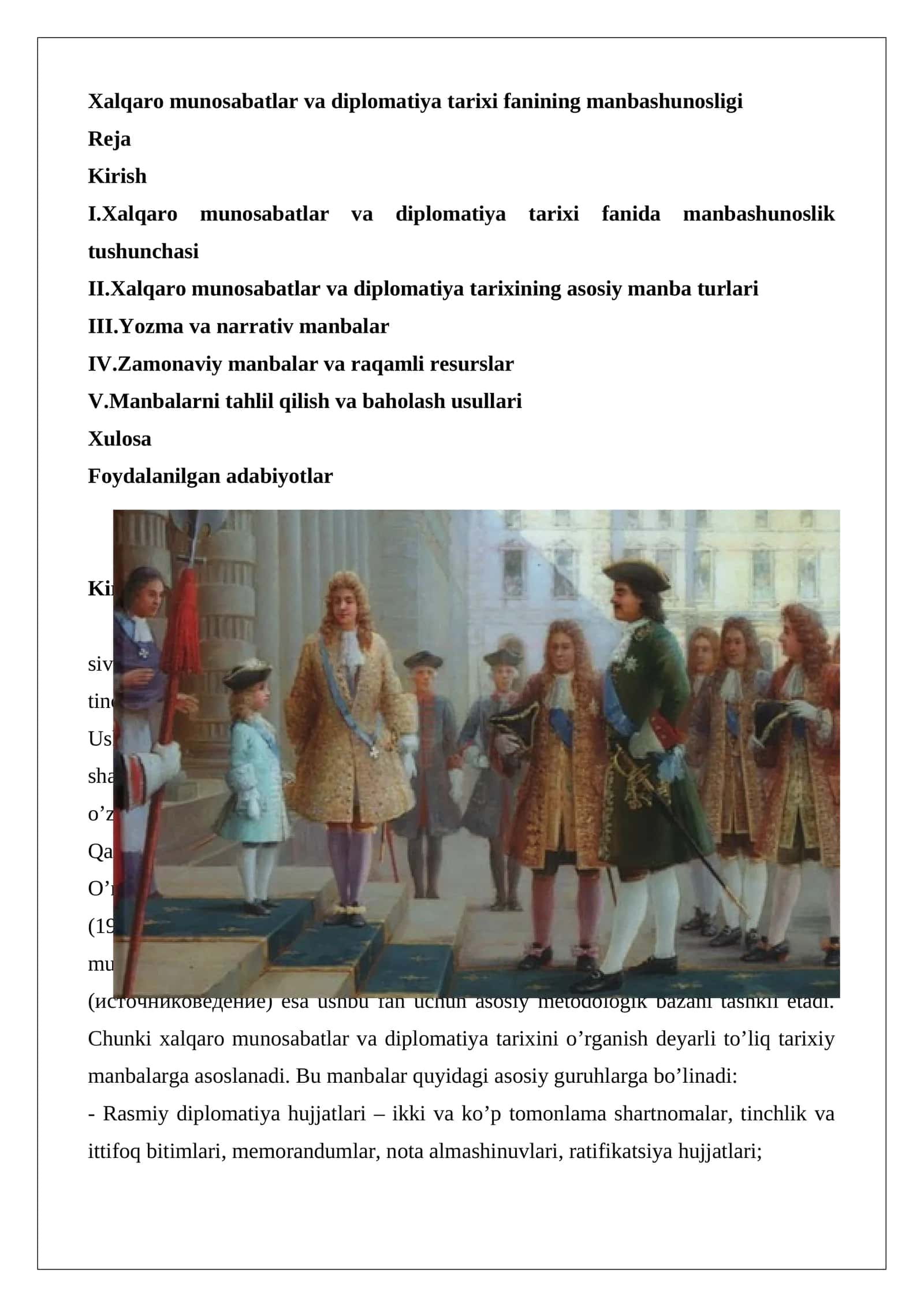 Xalqaro munosabatlar va diplomatiya tarixi fanining manbashunosligi
