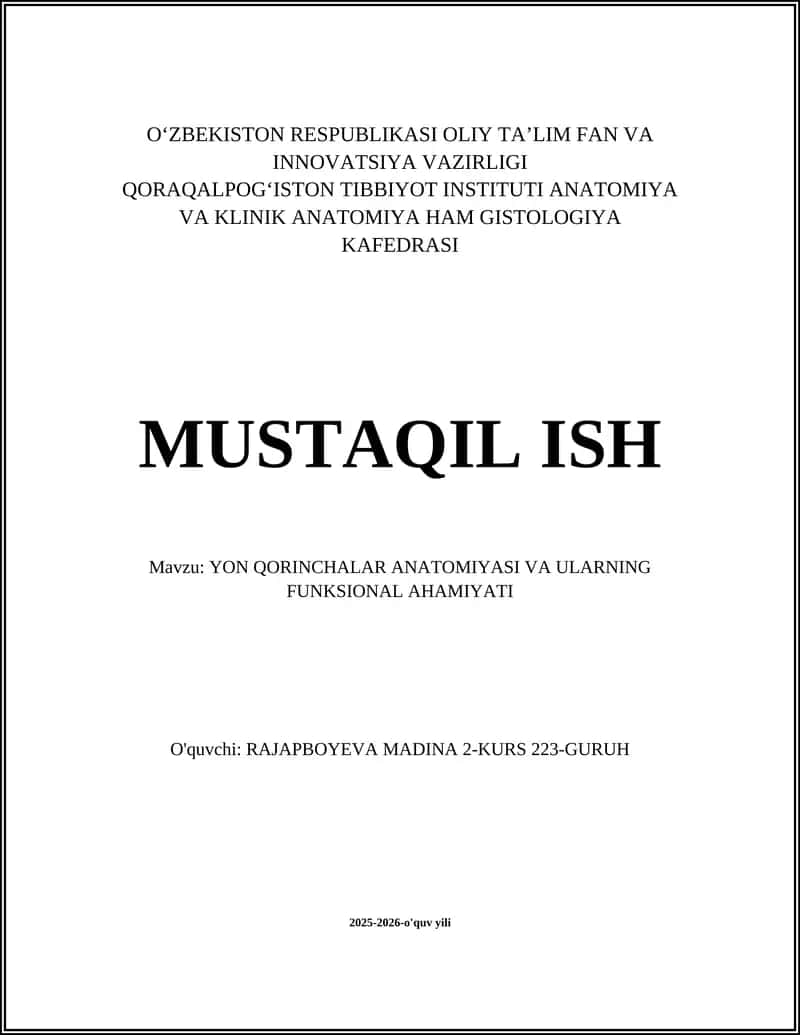 YON QORINCHALAR ANATOMIYASI VA ULARNING FUNKSIONAL AHAMIYATI