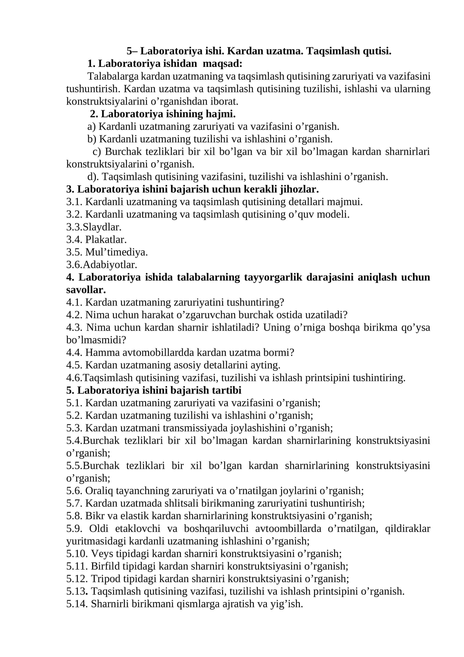 Laboratoriya ishi. Kardan uzatma. Taqsimlash qutisi