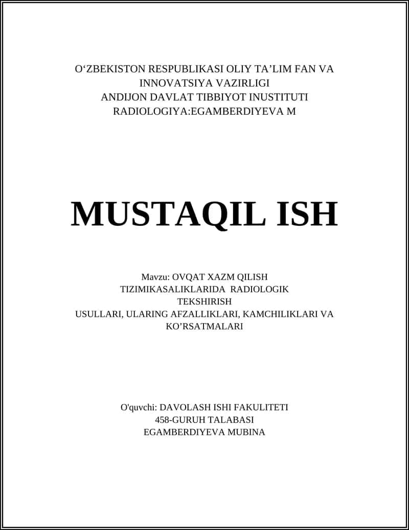 OVQAT XAZM QILISH TIZIMIKASALIKLARIDA RADIOLOGIK TEKSHIRISH USULLARI