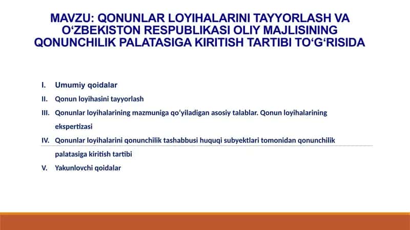 QONUNLAR LOYIHALARINI TAYYORLASH VA O‘ZBEKISTON RESPUBLIKASI OLIY MAJLISINING QONUNCHILIK PALATASIGA KIRITISH TARTIBI TO‘G‘RISIDA