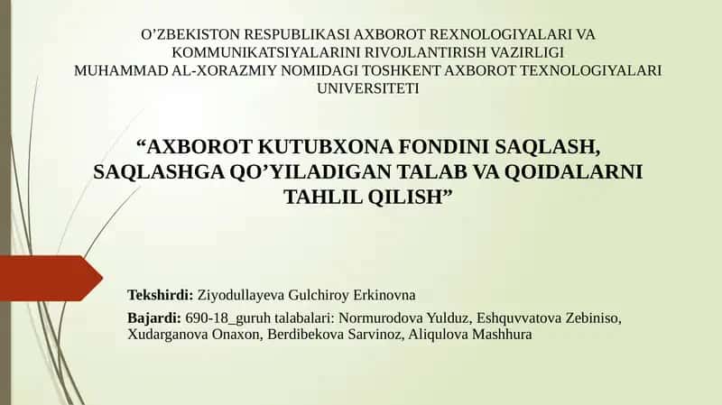 Axborot kutubxona fondini saqlash, saqlashga qo’yiladigan talab va qoidalarni tahlil qilish