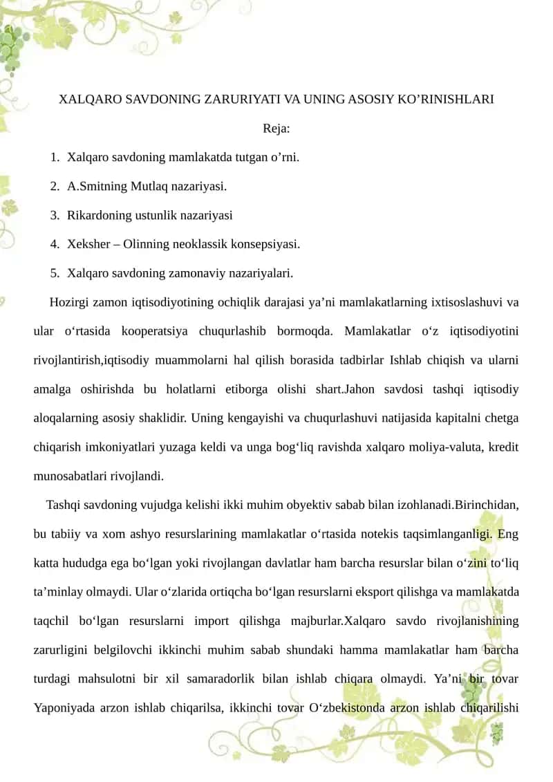 XALQARO SAVDONING ZARURIYATI VA UNING ASOSIY KO’RINISHLARI