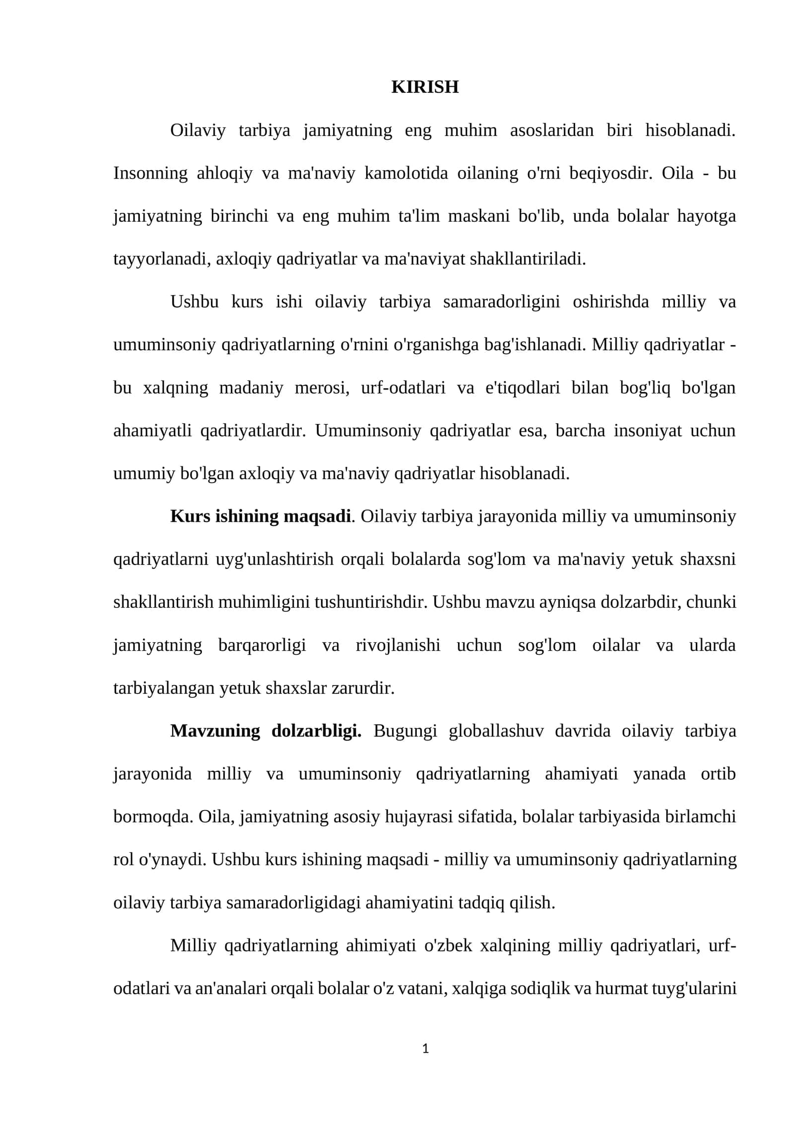Oilaviy tarbiya samaradorligini oshirishda milliy va umuminsoniy qadriyatlarning o'rni