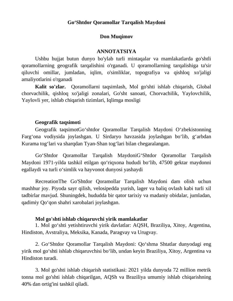 Go‘Shtdor Qoramollar Tarqalish Maydoni