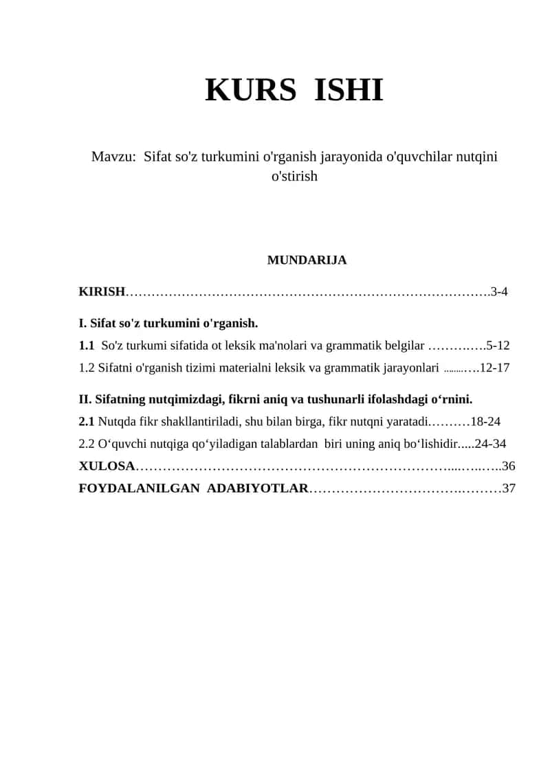 Sifat so'z turkumini o'rganish
