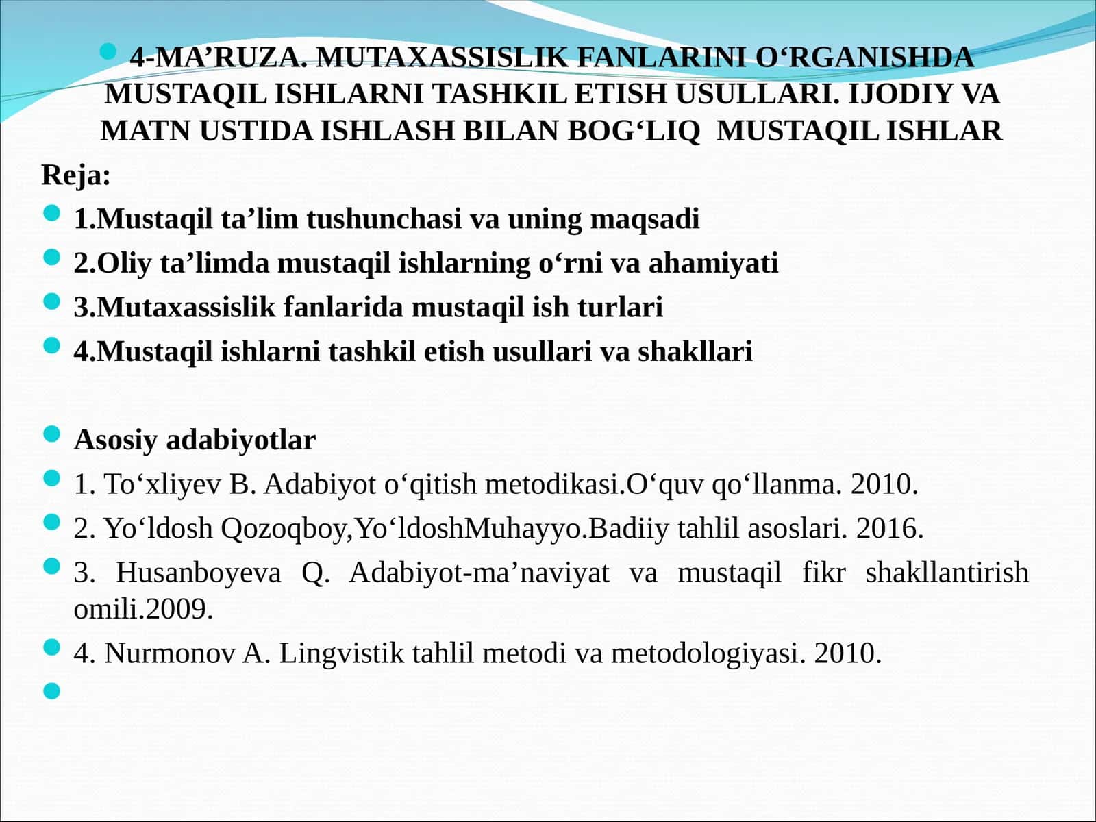 MUTAXASSISLIK FANLARINI O‘RGANISHDA MUSTAQIL ISHLARNI TASHKIL ETISH USULLARI. IJODIY VA MATN USTIDA ISHLASH BILAN BOG‘LIQ MUSTAQIL ISHLAR