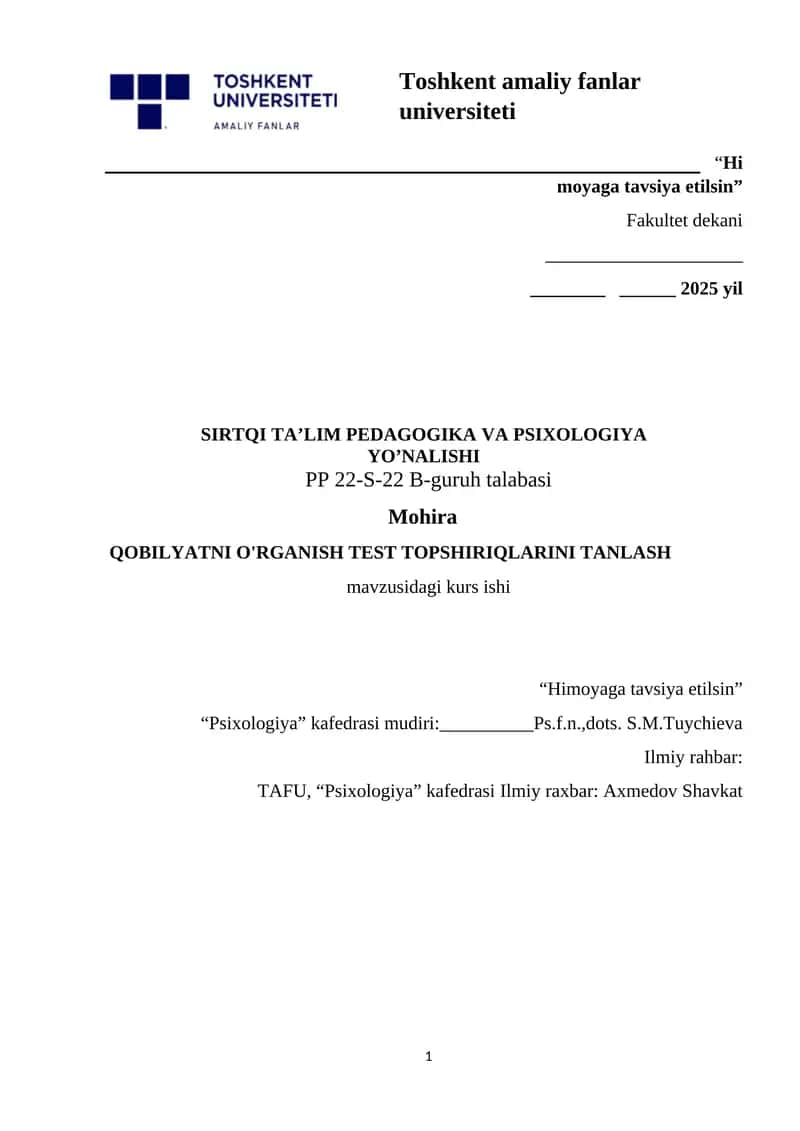 QOBILYATNI O'RGANISH TEST TOPSHIRIQLARINI TANLASH