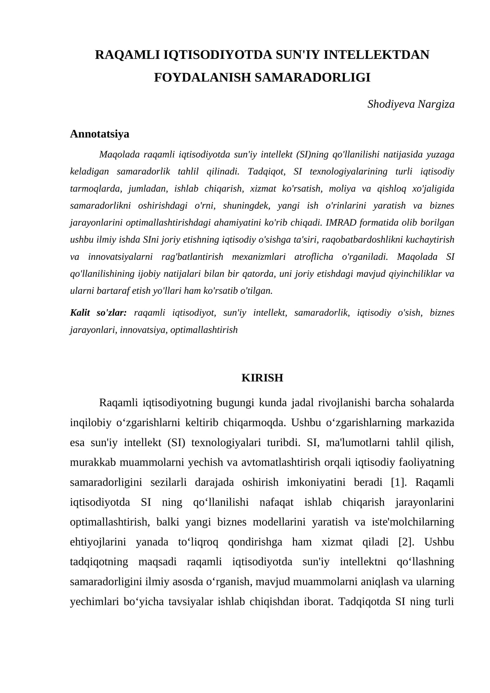 RAQAMLI IQTISODIYOTDA SUN'IY INTELLEKTDAN FOYDALANISH SAMARADORLIGI
