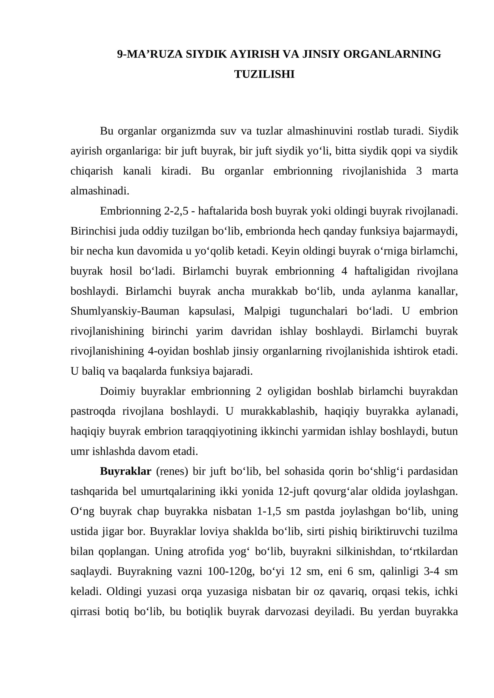 9-MA’RUZA SIYDIK AYIRISH VA JINSIY ORGANLARNING TUZILISHI