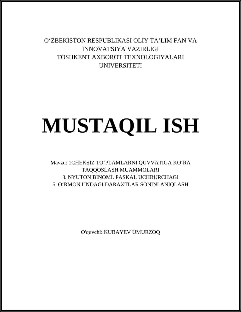 1CHEKSIZ TO‘PLAMLARNI QUVVATIGA KO‘RA TAQQOSLASH MUAMMOLARI