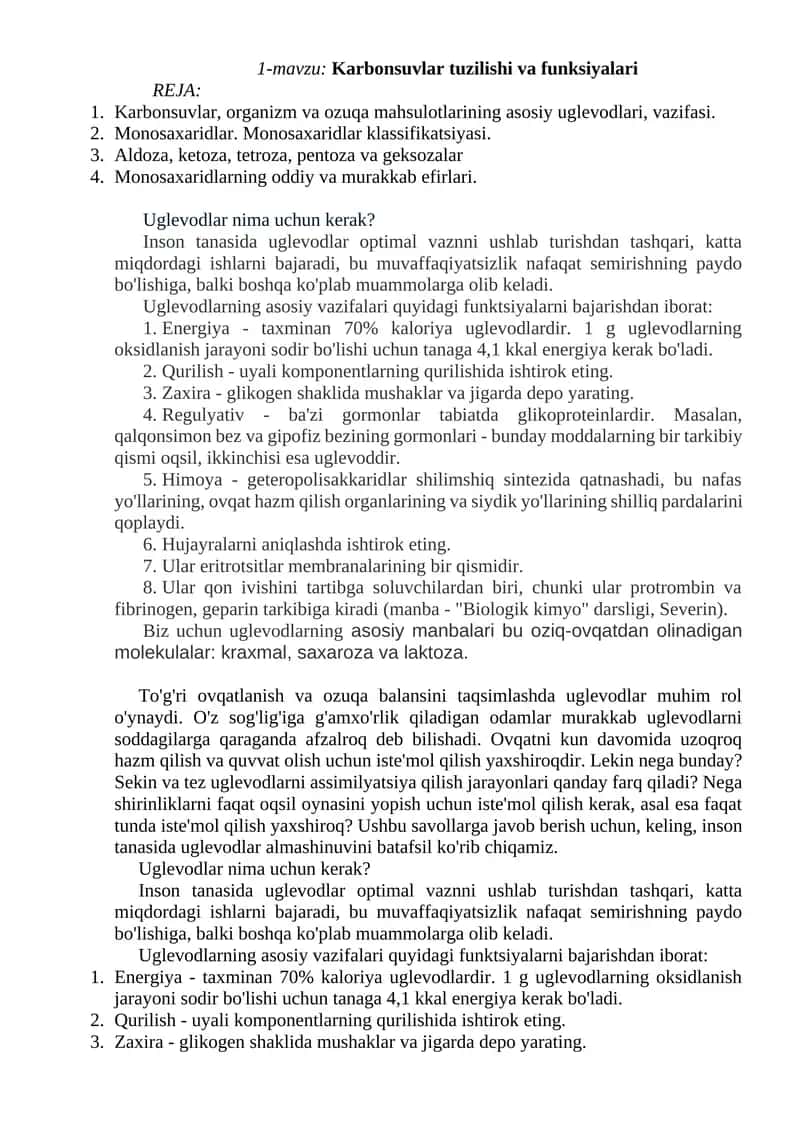 Karbonsuvlar tuzilishi va funksiyalari