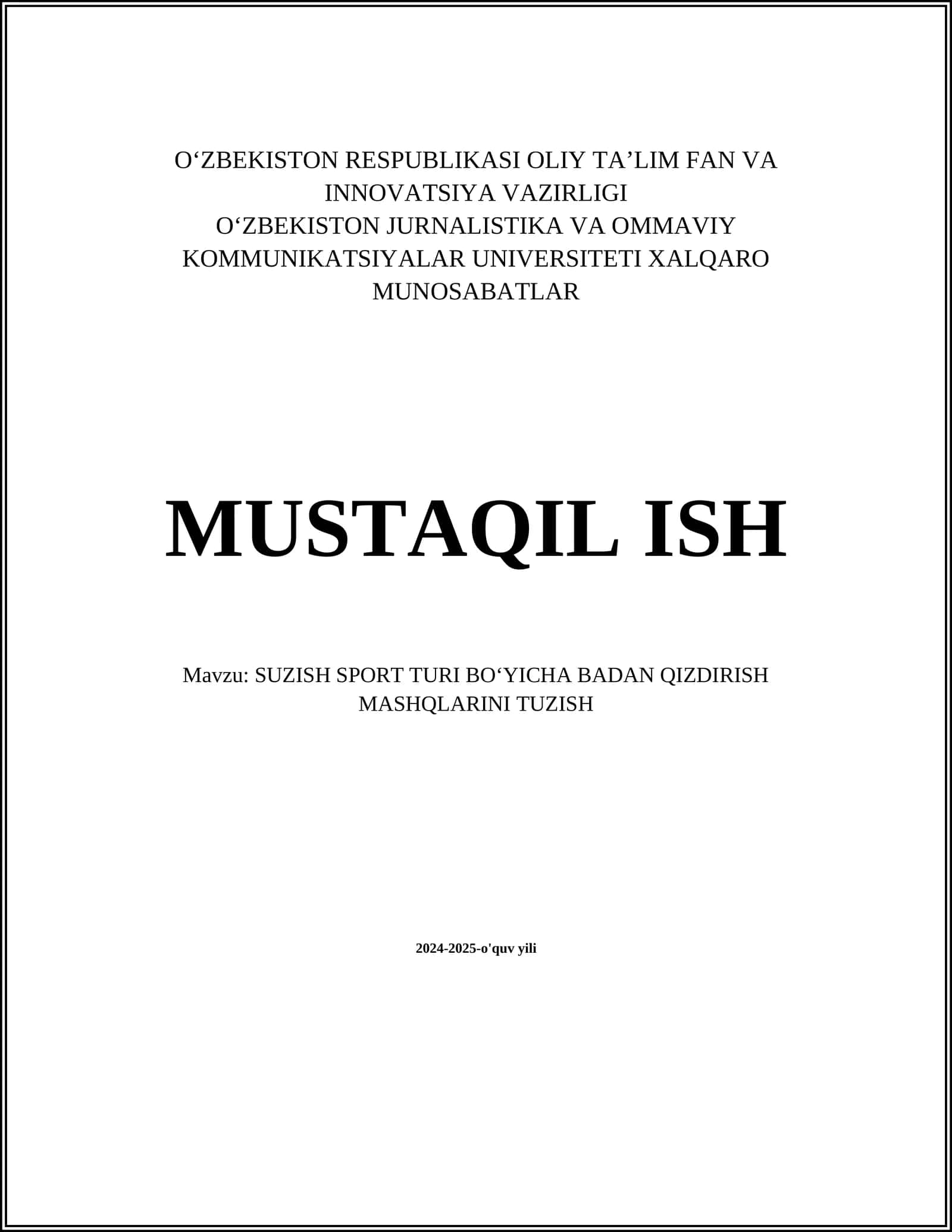 SUZISH SPORT TURI BOʻYICHA BADAN QIZDIRISH MASHQLARINI TUZISH