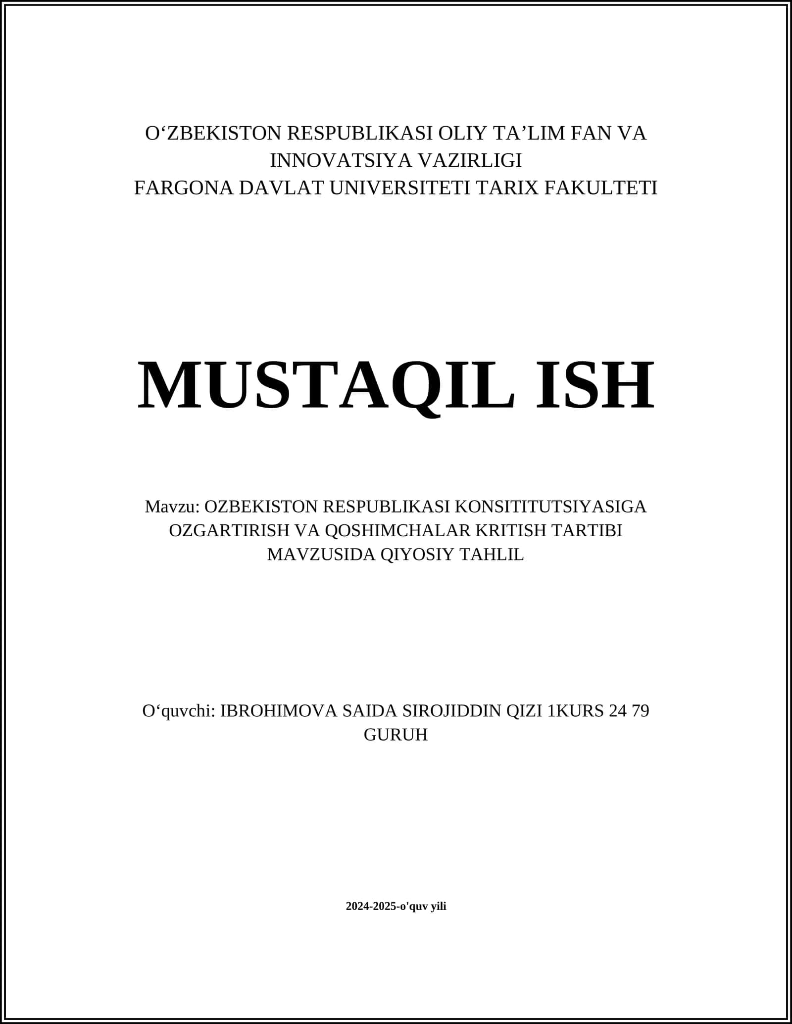 OZBEKISTON RESPUBLIKASI KONSITITUTSIYASIGA OZGARTIRISH VA QOSHIMCHALAR KRITISH TARTIBI MAVZUSIDA QIYOSIY TAHLIL