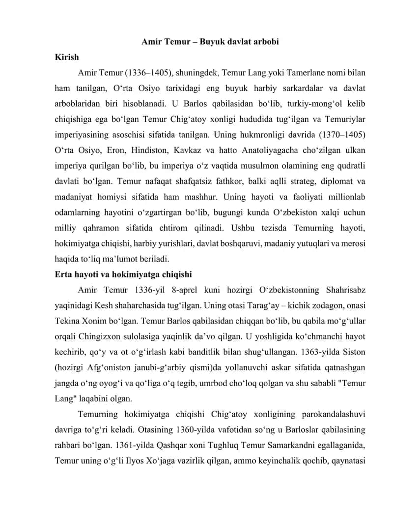 Amir Temur – Buyuk davlat arbobi tezis