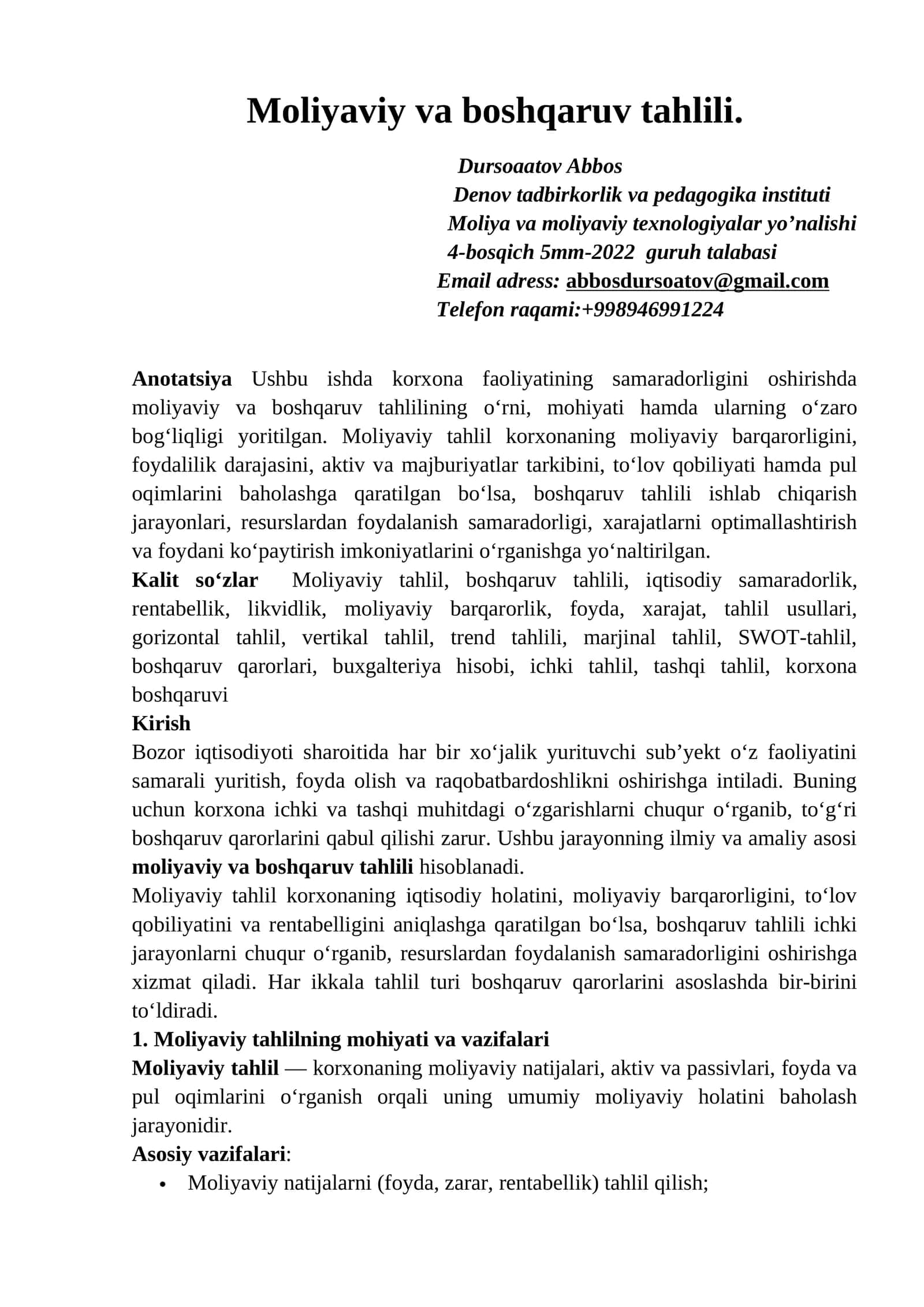 Moliyaviy va boshqaruv tahlili