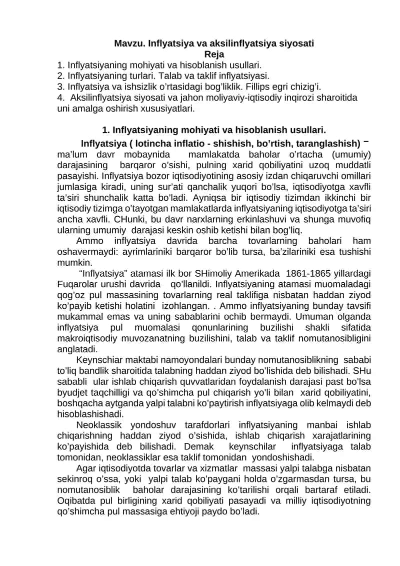 Inflyatsiya va aksilinflyatsiya siyosati