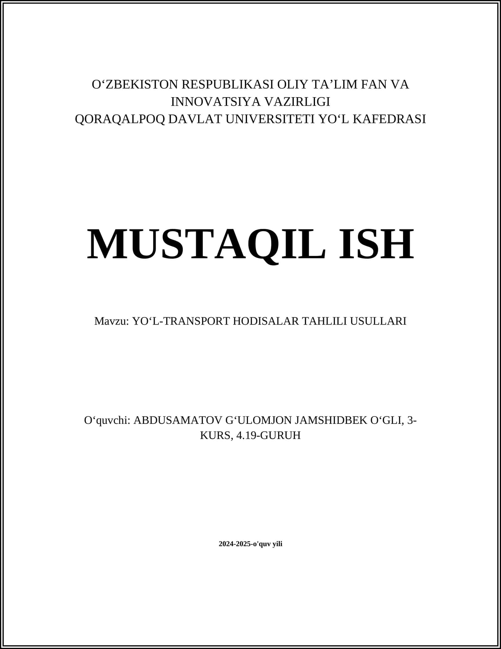 YO'ʻL-TRANSPORT HODISALAR TAHLILI USULLARI
