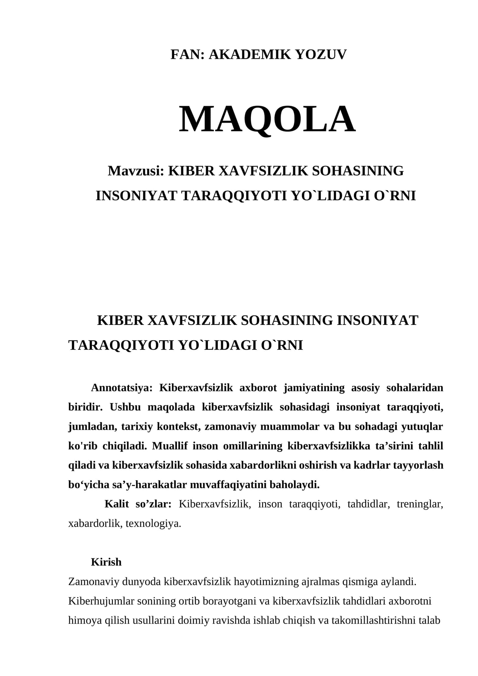KIBER XAVFSIZLIK SOHASINING INSONIYAT TARAQQIYOTI YO`LIDAGI O`RNI